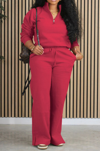 Red Casual Solid Patchwork Draw String Pocket Zipper Mandarin Collar Long Sleeve Two Pieces