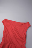 Red Daily Celebrities Elegant Patchwork Flounce Solid Color V Neck Asymmetrical Dresses