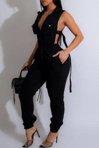 Schwarze, legere, einfarbige Skinny-Jumpsuits mit Taschen und Reißverschlusskragen