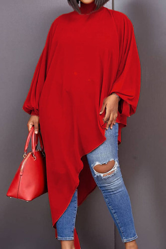 Red Casual Solid Asymmetrical Turtleneck Long Sleeve Plus Size Dresses
