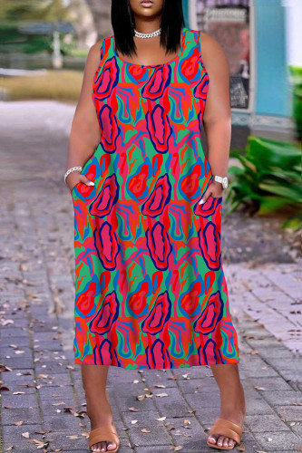 Rose Red Casual Print Basic U Neck Vest Dress Plus Size Dresses