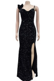 Zwarte sexy formele patchwork pailletten rugloze split spaghetti lange jurk jurken