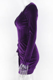バーガンディのセクシーなソリッドパッチワークジッパー非対称襟ラップスカートドレス