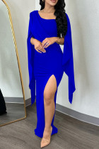Blue Sexy Casual Solid Patchwork Slit O Neck One Step Skirt Dresses