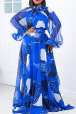 Robes trapèze bleues décontractées à imprimé patchwork, col rond (sans décoration)