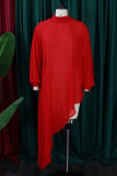 Rode casual effen asymmetrische coltrui met lange mouwen en grote maten jurken