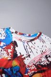 Conjunto de dos piezas de talla grande con cuello redondo y frenillo con estampado informal multicolor
