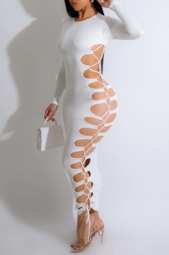 White Sexy Casual Solid Hollowed Out Frenulum O Neck Long Dress Dresses