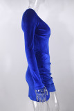 Vestidos de saia enrolados com gola assimétrica com zíper azul sexy sólido patchwork