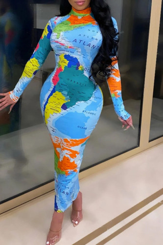 Turquoise Casual Print Basic Half A Turtleneck Long Sleeve Dresses