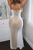 Белое сексуальное лоскутное горячее сверление, прозрачное длинное платье на тонких бретелях с открытой спиной