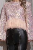White Casual Patchwork Tassel Sequins O Neck Tops