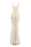 Blanc Sexy Patchwork Hot Drilling See-through Backless Spaghetti Strap Robes Longues