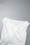 White Daily Celebrities Elegant Patchwork Flounce Solid Color V Neck Asymmetrical Dresses