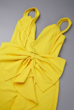 Colore giallo casual dolce quotidiano elegante senza schienale tinta unita con abiti con cinturino per spaghetti con fiocco