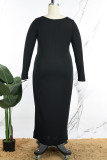 Черные повседневные однотонные базовые платья больших размеров с круглым вырезом и длинным рукавом