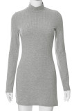 Grey Casual Solid Slit Turtleneck Long Sleeve Dresses