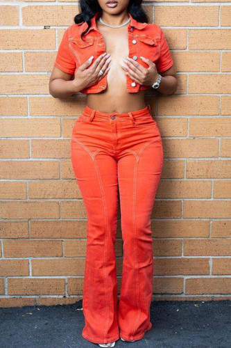 Orange Red Vintage Solid Patchwork Pocket Buckle Buttons Zipper Turndown Collar Short Sleeve Two Pieces Cropped Jackets And Pants Sets