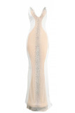 White Sexy Patchwork Hot Drilling See-through Backless Spaghetti Strap Long Dress Dresses