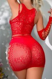 Red Sexy Living Solid Hollowed Out See-through Backless Christmas Day Lingerie