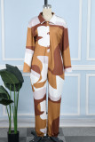 Braune, lässig bedruckte Basic-Jumpsuits mit Umlegekragen und normaler Passform