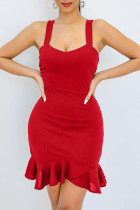 Vestidos vermelhos sexy casuais sólidos sem costas com alça espaguete