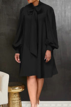 ブラック スイート ソリッド 包帯パッチワーク O ネック ストレート ドレス