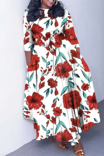 White Red Casual Print Patchwork O Neck Long Dress Dresses