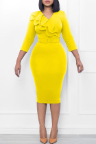 Yellow Casual Solid With Belt V Neck Pencil Skirt Dresses