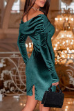 Vert décontracté solide Patchwork épaules dénudées robes à manches longues