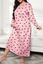 Светло-розовое повседневное платье для сна с живым принтом, базовое платье для сна с длинным рукавом и круглым вырезом большого размера