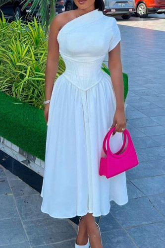 White Sweet Solid Patchwork Oblique Collar A Line Dresses