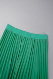 Patchwork elegante verde estampado plissado com decote em O manga curta duas peças