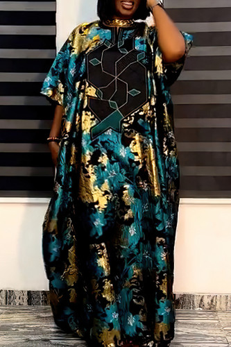 Vestidos casuais azuis estampados patchwork assimétricos com gola