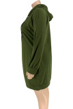Army Green Casual Print Patchwork Draw String Hooded Collar Straight Plus Size Dresses