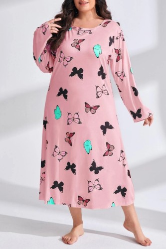 Pink Casual Living Print Basic O Neck Long Sleeve Plus Size Sleepwear Dress