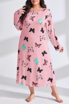 Розовое повседневное платье для сна с живым принтом, базовое платье для сна с длинным рукавом и круглым вырезом большого размера