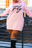 ピンク カジュアル プリント パッチワーク ドローストリング フード付きカラー ストレート プラス サイズ ドレス