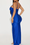 Blue Elegant Solid Patchwork High Opening Spaghetti Strap Long Dress Dresses