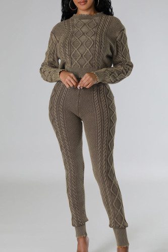Brown Street Solid Patchwork O Neck Long Sleeve Two Pieces