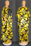 Gele casual print patchwork asymmetrische kraag bedrukte jurkjurken