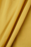 Robe longue jaune décontractée, couleur unie, patchwork pliable, col rond