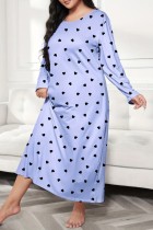 ブルー カジュアル リビング プリント ベーシック O ネック 長袖 プラス サイズ パジャマ ドレス