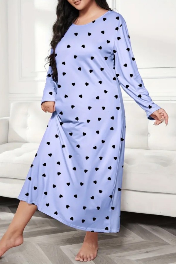 ブルー カジュアル リビング プリント ベーシック O ネック 長袖 プラス サイズ パジャマ ドレス