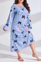 Небесно-голубое повседневное платье для сна с живым принтом, базовое платье для сна с длинным рукавом и длинным рукавом большого размера