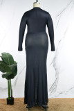 Zwarte casual print patchwork lange jurk met o-hals plus maten jurken