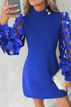 Azul elegante sólido retalhos botões o pescoço vestidos de manga comprida