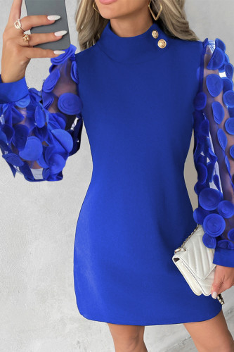 Robes à manches longues bleues élégantes en patchwork uni avec boutons et col rond
