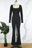 Black Casual Solid Basic Square Collar Skinny Jumpsuits