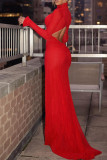 Red Street Solid ausgehöhltes Patchwork rückenfreies langes Kleid mit Rollkragen